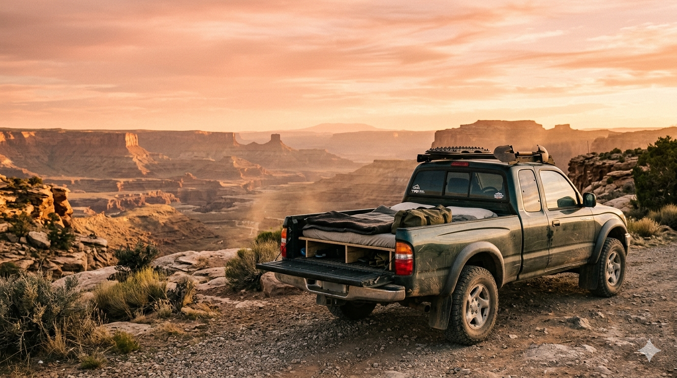 Truck camp platform on a canyon overlook